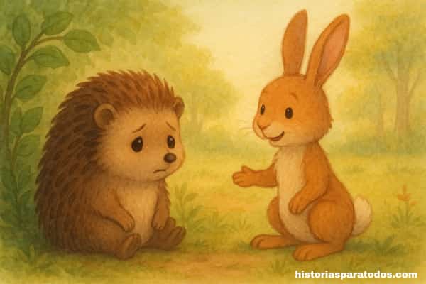 Erizo y conejo se abrazan con guantes rojos bajo un árbol con hojas otoñales