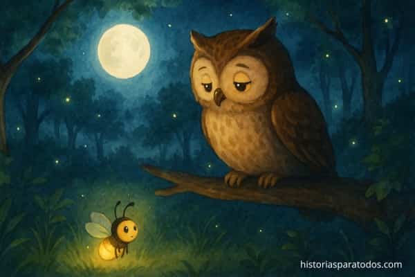 Búho observa con ternura a una luciérnaga bajo la luna llena.