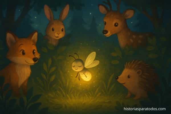 Animales nocturnos miran a una luciérnaga que brilla intensamente.