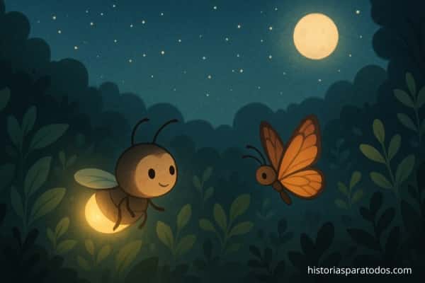 Luciérnaga ilumina el camino a una mariposa en el bosque.