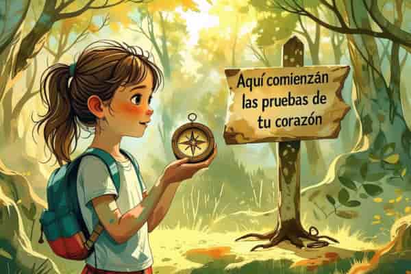 Cartel en el bosque anuncia pruebas del corazón –cuento infantil  La brújula de los deseos