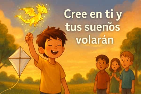 Final del cuento para niños Max y el dragón de papel: Max sostiene su cometa victoriosa al atardecer mientras los demás niños lo miran sorprendidos; el dragón Chispa brilla sobre la cuerda.