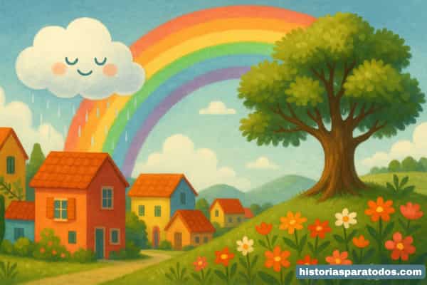 Nube sonríe ligera junto a un arcoíris sobre el pueblo, mientras un viejo roble y flores coloridas adornan la colina.
