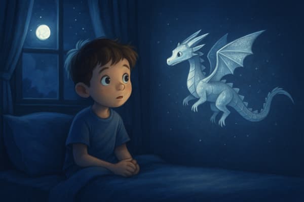 Escena del cuento infantil Max y el dragón de papel: en la habitación iluminada por la luna, la cometa de Max se transforma en un dragón de papel brillante.