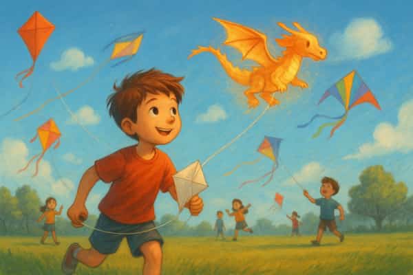 Cuento para niños Max y el dragón de papel: Max corre en el parque con su cometa sencilla mientras otros niños elevan cometas grandes y coloridas; el dragón aparece sobre el hilo.