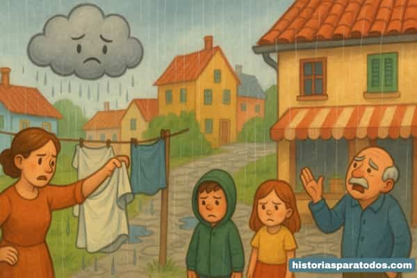 Ilustración en estilo cuento infantil que muestra a una nube gris y pequeña flotando sobre un pueblo colorido. Varias personas se quejan mientras levantan ropa mojada y los niños miran con frustración el suelo encharcado. El ambiente refleja la incomodidad que causa la llovizna persistente.