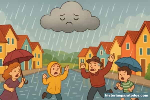 Nube gris llueve fuerte sobre un pueblo colorido mientras varias personas corren con paraguas y gestos de preocupación.