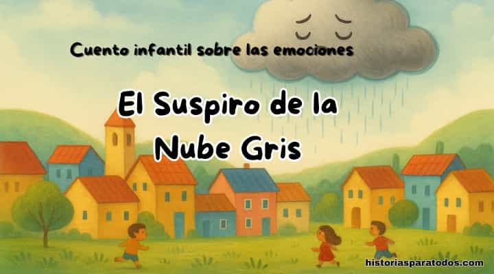 Portada de cuento infantil ilustrado con una nube gris que llueve sobre un pueblo colorido. El título dice “El suspiro de la nube gris. Cuento infantil sobre las emociones”.