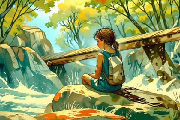 Niña espera junto al río hasta que aparece un puente – prueba de paciencia.