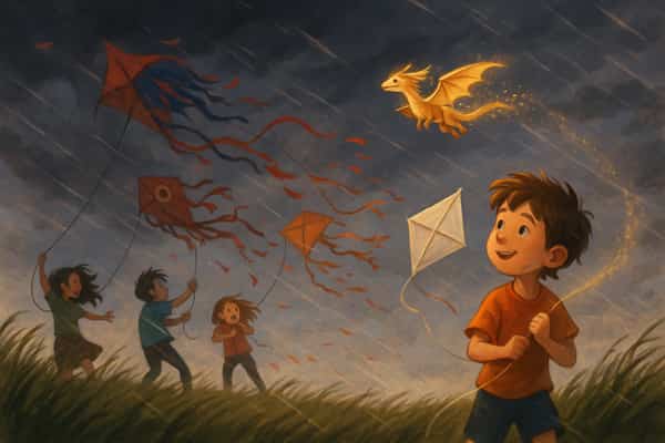 Ilustración del cuento infantil Max y el dragón de papel: una ráfaga rompe las cometas grandes, mientras la pequeña cometa de Max danza ligera acompañada por el dragón.