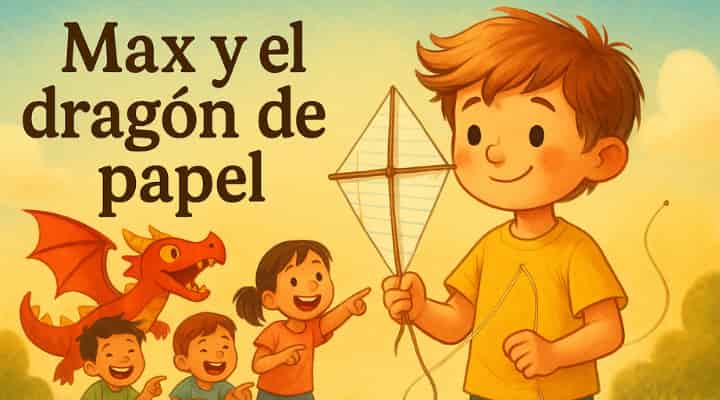 Ilustración del cuento para niños Max y el dragón de papel: Max sostiene su cometa sencilla mientras otros niños se burlan y muestran cometas coloridas.