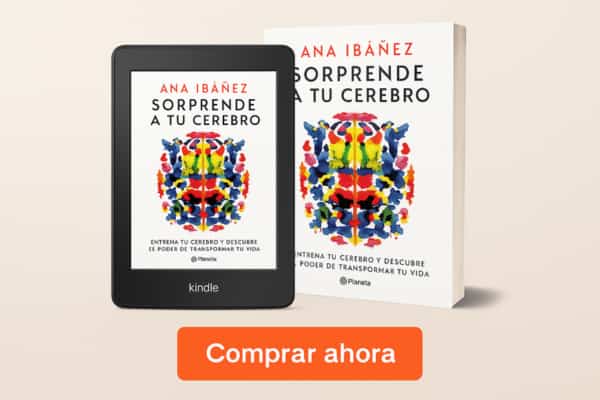 Mockup horizontal del libro Sorprende a tu cerebro reseña de Ana Ibáñez en edición Kindle y tapa blanda con botón CTA Empieza hoy mismo
