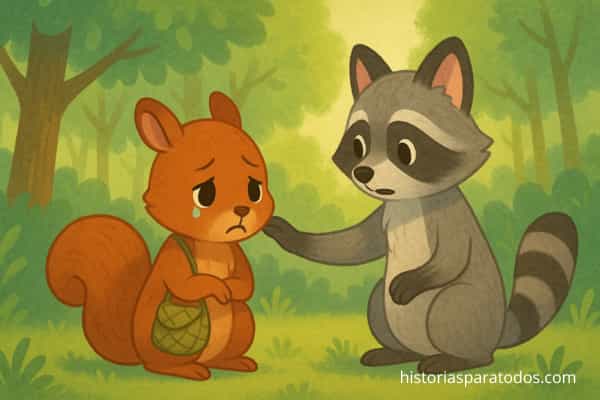 Mapache observa a su amiga ardilla triste – empatía infantil