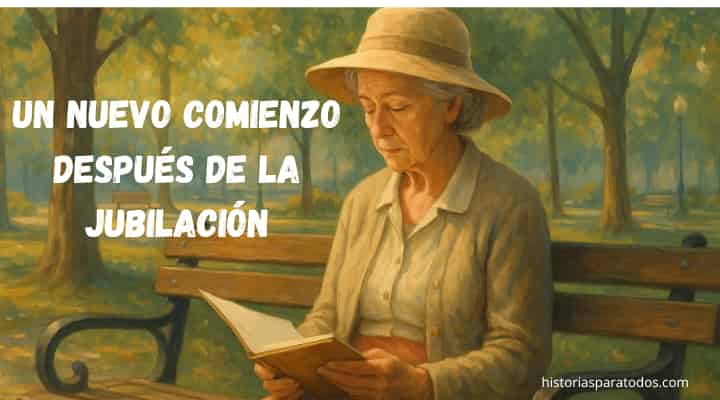 Lustración de una mujer jubilada en un parque, con sombrero y cuaderno en las manos, rodeada de árboles, transmitiendo serenidad y reflexión sobre la jubilación a los 68 años.