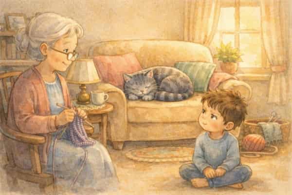 Abuela, nieto y el gato dormido