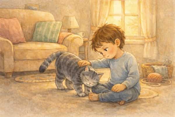 Niño acariciando al gato en casa