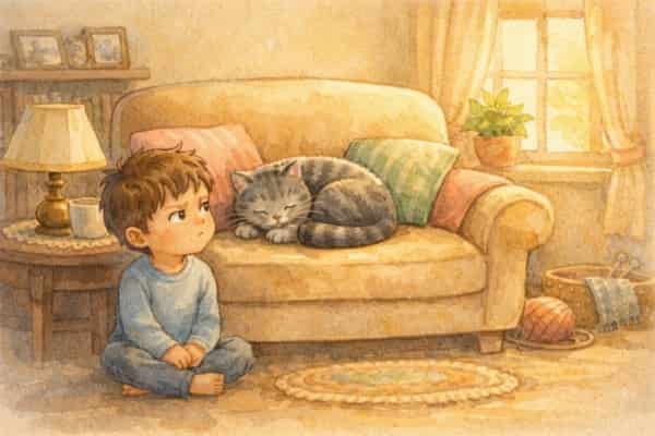 El nieto mirando al gato durmiendo en el sillón