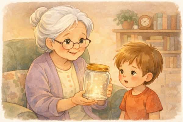 Abuela muestra un frasco brillante a su nieto