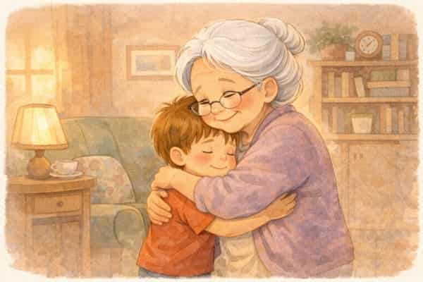 Abuela y nieto se abrazan con ternura