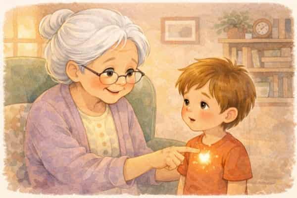 Abuela señala el pecho de su nieto