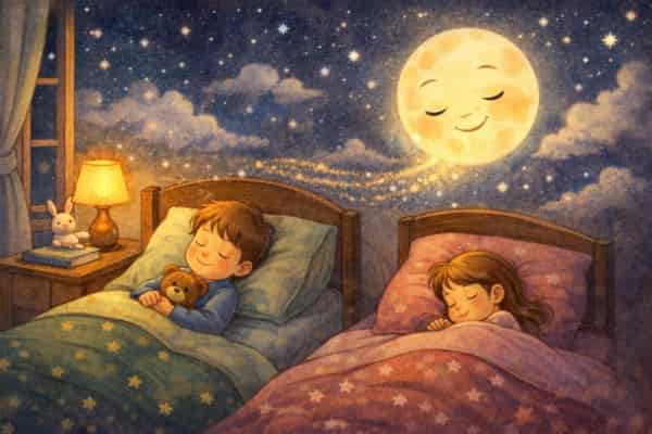 Niños durmiendo y la luna cuidando