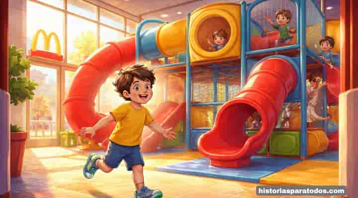 Niño en área de juegos infantil en cuento sobre la honestidad.