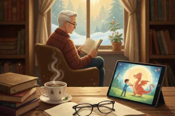Creador de Historias para Todos leyendo en una biblioteca acogedora.