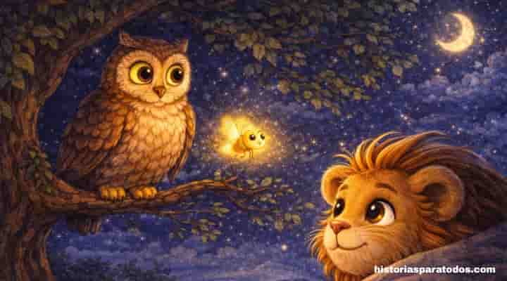 León descubre búho en la noche iluminado por luciérnaga