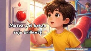 Niño observando un botón rojo brillante en la pared. en cuento infantil sobre honestidad