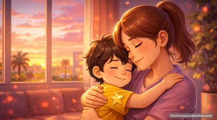 Niño abrazando a su madre en cuento infantil de honestidad.