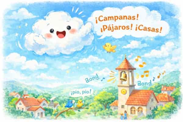  Nubín, la nube infantil, hablando mientras observa el pueblo desde el cielo.