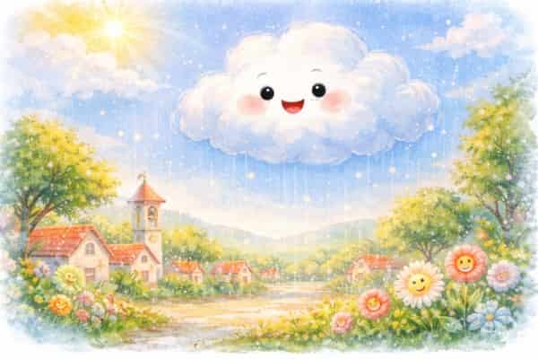 Nube infantil dejando lluvia suave como gesto de empatía.