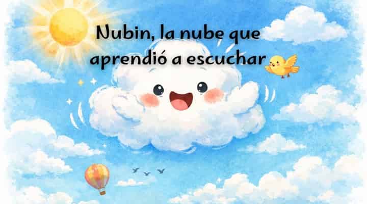 Nubín, una nube infantil parlanchina en el cielo sobre un pueblo tranquilo