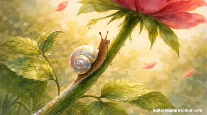 Caracol subiendo una rosa roja con brisa suave.