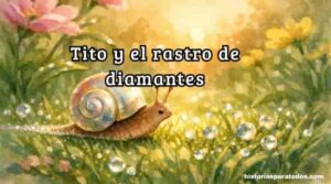 Caracol pequeño en jardín con rocío brillante al amanecer.