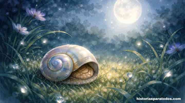 Caracol descansando bajo la luz de la luna en el jardín.