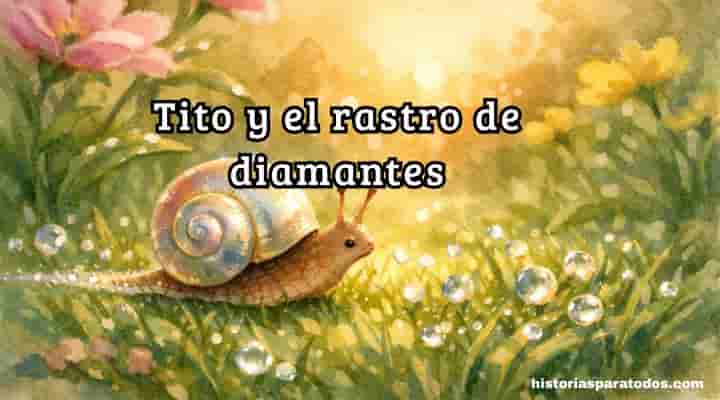 Caracol pequeño en jardín con rocío brillante al amanecer.