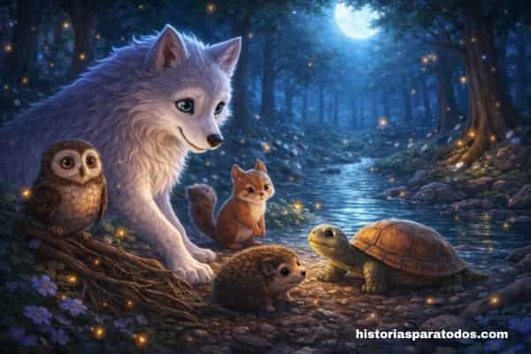 Lobo ayudando animales del bosque escena de bondad cuento infantil
