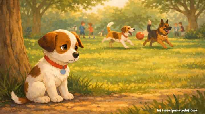 Nico, el perrito que no puede ladrar, observa a otros perros jugar en el parque mientras aprende a comunicarse.