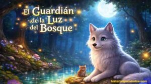 Lobo plateado en bosque mágico nocturno con luciérnagas cuento infantil