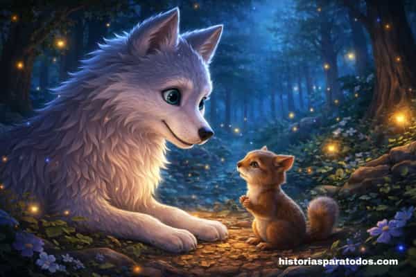 Lobo ayudando a ardilla pequeña en bosque cuento infantil