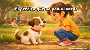 Cuento infantil sobre la empatía: Nico, un perrito que no puede ladrar, juega con Emilia en el parque.
