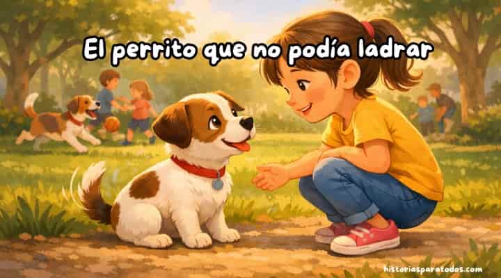 Cuento infantil sobre la empatía: Nico, un perrito que no puede ladrar, juega con Emilia en el parque.
