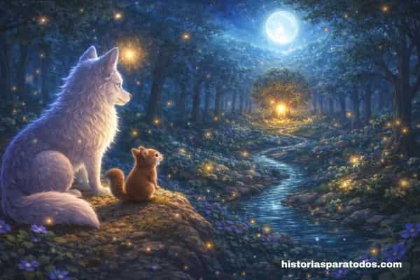 Lobo iluminando bosque con luz mágica escena final cuento infantil
