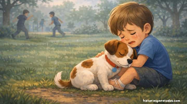Nico consuela a un niño perdido en el parque, mostrando empatía y calma sin necesidad de ladrar.