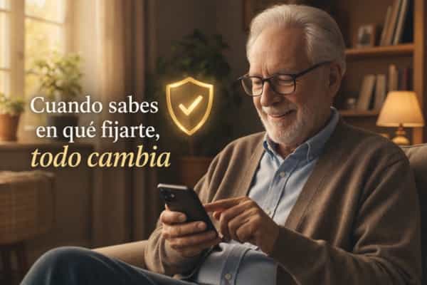 Persona mayor usando su smartphone con confianza y tranquilidad tras aprender a detectar engaños después de los 60